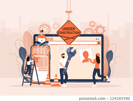 Flat under construction with people for web site design. Minimal design. Technology concept. Flat business template. 124285590