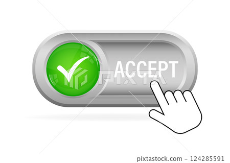 Green accept button. Abstract web template with green accept on white background. Isolated vector illustration. 124285591