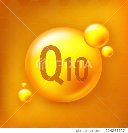 Vitamin Q10 gold shining pill capcule icon. Pill capcule vector illustration on yellow isolated background Vitamin Q10 gold shining pill capcule icon. Pill capcule vector illustration on yellow isolated background 124285612