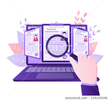 Resume people in flat style. Mobile app application. Flat isometric vector illustration. Laptop screen. Vector data. 124285646