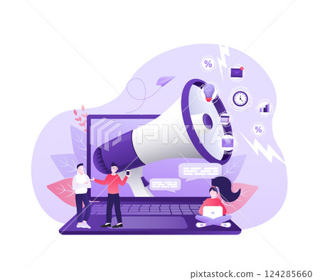 Digital marketing people megaphone in abstract style. Flat vector illustration. Social media marketing. Digital marketing people megaphone in abstract style. Flat vector illustration. Social media marketing. 124285660