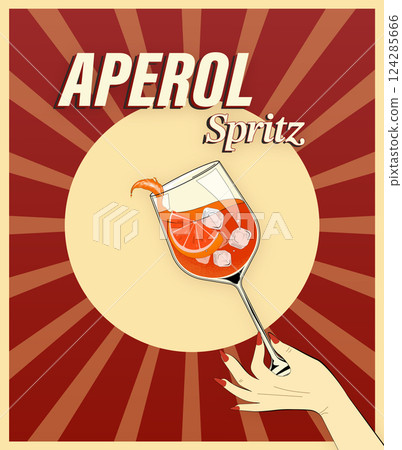 Woman hand holding glass of spritz cocktail with orange slice on pop art background 124285666