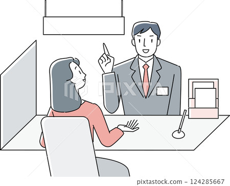 A woman consulting at the counter and a male staff member assisting her 124285667