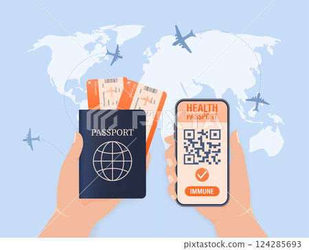 Mobile phone with immune digital health passport for covid-19. Green icon. Isometric concept. Covid pcr test vector icon. Vector isometric illustration. Mobile phone with immune digital health passport for covid-19. Green icon. Isometric concept. Covid pcr test vector icon. Vector isometric illustration. 124285693