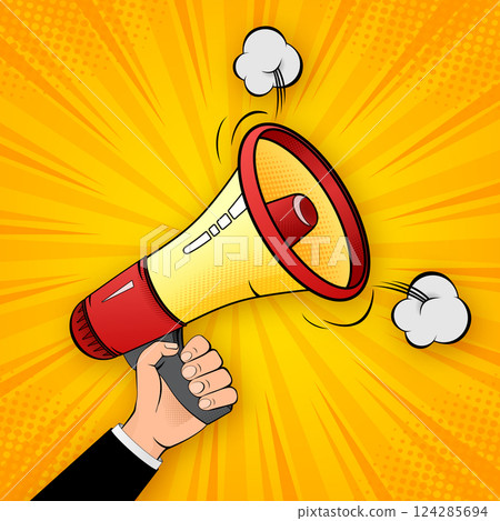 Pop style banner with megaphone on yellow background. Art collage banner. Vector background 124285694