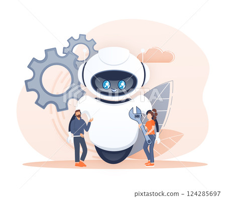 Settings bot in cartoon style. Marketing social media concept. Global social network 124285697