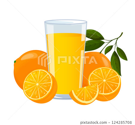 Glass of fresh orange juice with ripe oranges around 124285708