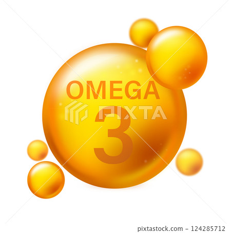 Omega 3. Vitamin drop, fish oil capsule, gold essence organic nutrition. Pill capcule. Vector illustration on white isolated background 124285712