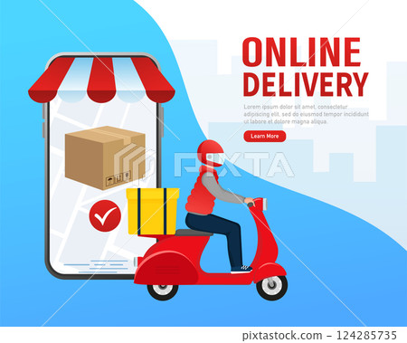 Flat infographic with red online delivery for mobile app design. Food delivery service. Flat infographic with red online delivery for mobile app design. Food delivery service. 124285735