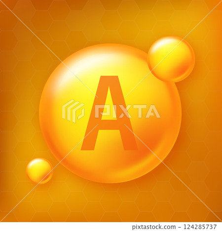 Vitamin A gold shining pill capcule icon. Pill capcule vector illustration on yellow isolated background 124285737
