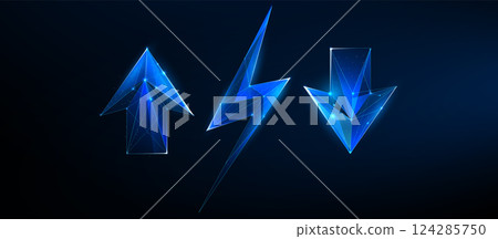 Futuristic Polygonal Up Arrow, Lightning Bolt, and Down Arrow Icons Futuristic Polygonal Up Arrow, Lightning Bolt, and Down Arrow Icons 124285750