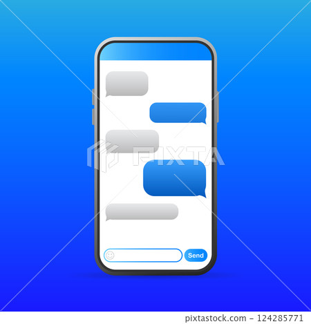 Smartphone with blue Message bubbles icons for chat. Vector message bubbles design template. 124285771