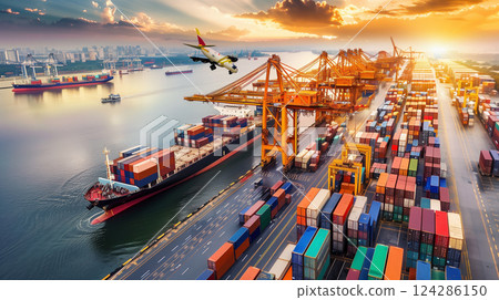 Logistics, container Cargo ship transportation with working crane bridge in deep sea port for import export. Logistics, container Cargo ship transportation with working crane bridge in deep sea port for import export. 124286150