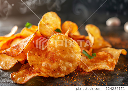 Hot Barbeque Potato Chips Ready to Eat. Hot Barbeque Potato Chips Ready to Eat. 124286151