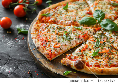 Pizza with cheese and tomato sauce. 124286152