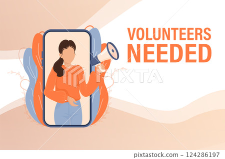 Template with blue volunteers needed man holding megaphone on white background for flyer design. Vector illustration in flat style. Template with blue volunteers needed man holding megaphone on white background for flyer design. Vector illustration in flat style. 124286197