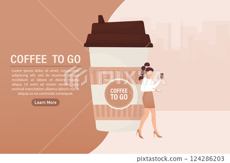 Flat illustration with coffee to go people. Cartoon people illustration. Characters with drink in paper cup. Shop, drink, coffee to go concept. 124286203