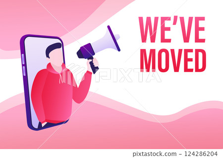 Template with we have moved man holding megaphone on white background for flyer design. Vector illustration in flat style. 124286204