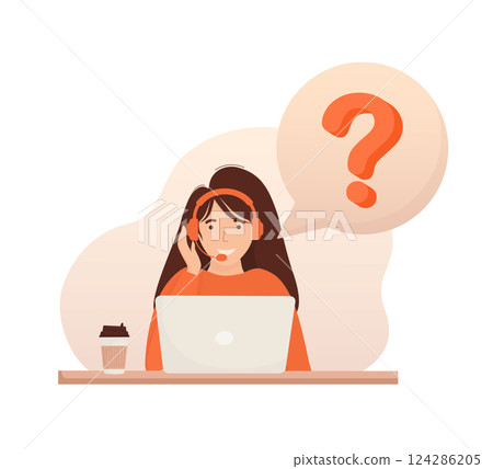 Call center, hotline flat vector illustrations. Smiling office workers with headsets cartoon characters. Character with headphones and microphone with laptop. 124286205
