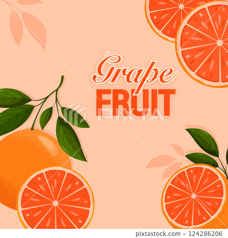 Fresh grapefruit slices lying on pastel background 124286206