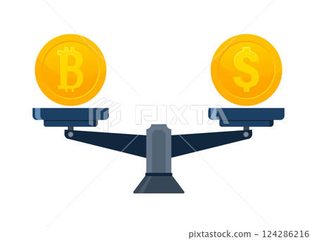 Crypto currency exchange on scale. Bitcoin exchange. Digital money. Digital bank 124286216