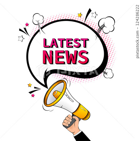 Red latest news pop style megaphone on white background for flyer design. Vector illustration in flat style Red latest news pop style megaphone on white background for flyer design. Vector illustration in flat style 124286222