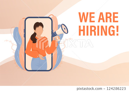 Woman shouting in megaphone. We are hiring word. Vector illustration concept for template, design, web, mobile app, poster, banner, flyer, background. Woman shouting in megaphone. We are hiring word. Vector illustration concept for template, design, web, mobile app, poster, banner, flyer, background. 124286223