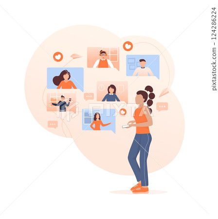 Template with refer a friend man holding megaphone on white background for flyer design. Vector illustration in flat style. Template with refer a friend man holding megaphone on white background for flyer design. Vector illustration in flat style. 124286224