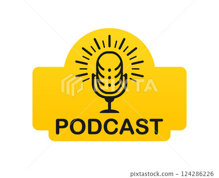 Podcast radio icon illustration. Studio table microphone. Webcast audio record concept logo. Podcast radio icon illustration. Studio table microphone. Webcast audio record concept logo. 124286226