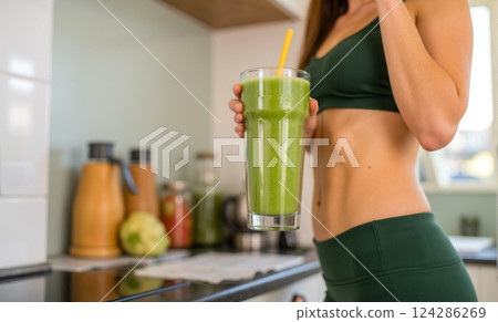 Fit woman holding large green smoothie in kitchen, healthy detox drink, fresh vegetable juice, clean eating, slim body, active lifestyle, weight loss, proper nutrition, energy boost Fit woman holding large green smoothie in kitchen, healthy detox drink, fresh vegetable juice, clean eating, slim body, active lifestyle, weight loss, proper nutrition, energy boost 124286269