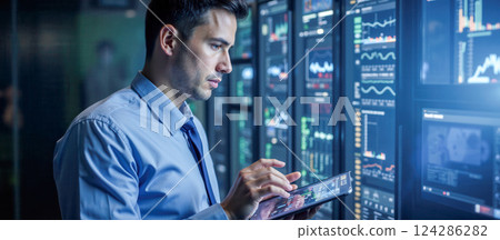 Data analyst working with futuristic financial graphs on digital screens in modern server room, monitoring stock market trends and technology statistics with tablet device Data analyst working with futuristic financial graphs on digital screens in modern server room, monitoring stock market trends and technology statistics with tablet device 124286282