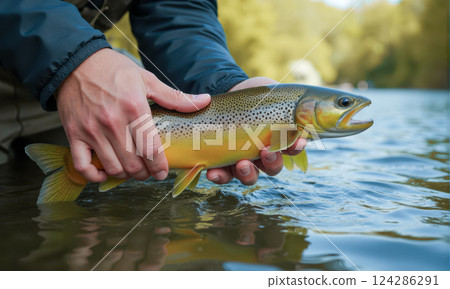 Angler carefully holding trout in clear river, practicing responsible fishing catch and release method enjoying nature wildlife. conservation outdoor adventure water sport ecological balance hobby Angler carefully holding trout in clear river, practicing responsible fishing catch and release method enjoying nature wildlife. conservation outdoor adventure water sport ecological balance hobby 124286291