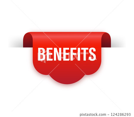 Benefits red ribbon isolated on white background. Vector illustration. Flat style illustartion. Benefits red ribbon isolated on white background. Vector illustration. Flat style illustartion. 124286293