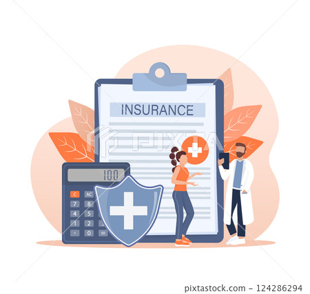 Vector illustration with health insurance concept. Big clipboard with doctor and woman. Healthcare, finance and medical service. Vector illustration in flat style. 124286294