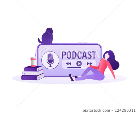 Rest girl listening online podcast. Cartoon smartphone podcast for marketing design. Social media poster. Modern digital device template. Mobile internet, social media. 124286311