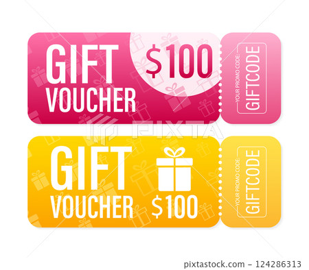Different Modern birthday card with red giftcode for banner design. giftcode in modern style. Christmas banner. Vector design. Special offer sale template. Coupon ticket card. 124286313