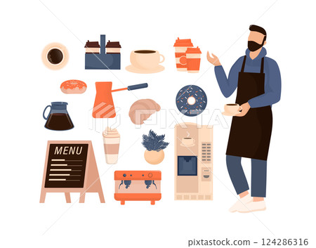 Flat character coffee shop barista. Vector illustration flat design. Vector infographic illustration. Cartoon male barista or waiter standing near menu board. Flat character coffee shop barista. Vector illustration flat design. Vector infographic illustration. Cartoon male barista or waiter standing near menu board. 124286316