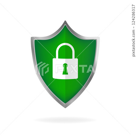 Flat green icon on black backdrop. Shield icon vector. Flat vector. Digital background. Data secure. 124286317