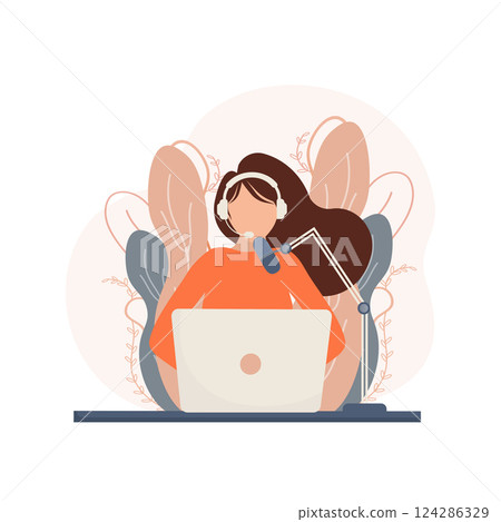 Live webcast in flat style with people. Listen to podcast. Flat illustration. Vector illustration. 124286329