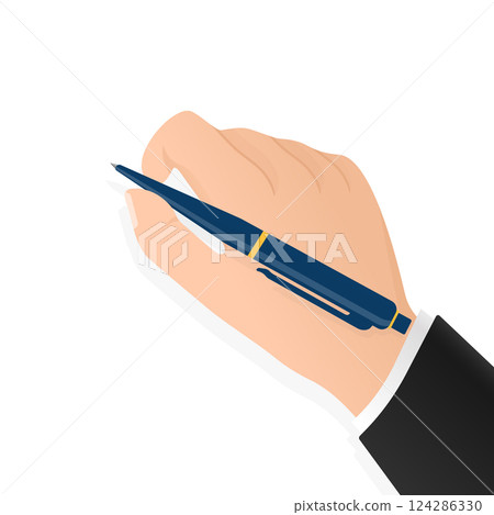 Flat signature hand with pen for paper design. Isolated flat vector illustration. 124286330