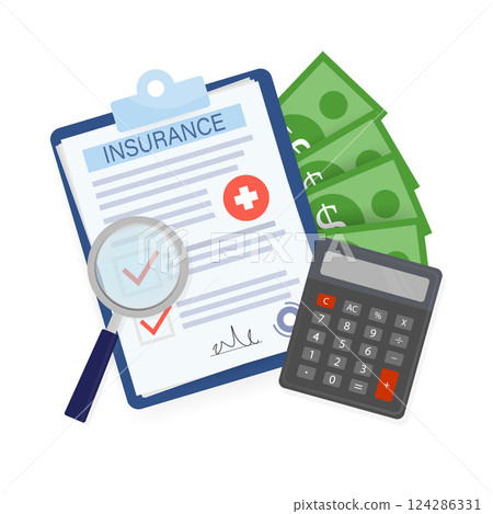 Business card with medical insurance men hand for medical design. Business card. Vector flat illustration. 124286331