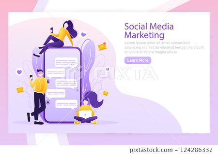 Flat advertising with people smartphone megaphone. Flat advertising. Social media marketing. Phone icon vector. 124286332