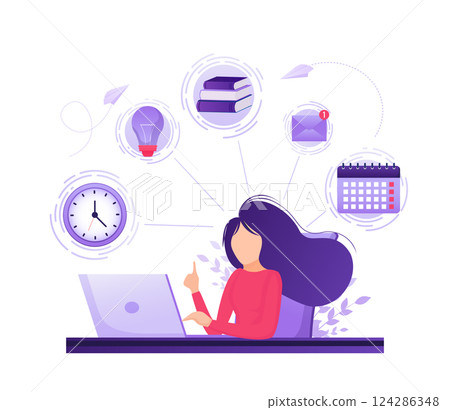 Flat time management for report design. Isometric vector illustration. Time management. Flat vector illustration. Organize agenda. 124286348