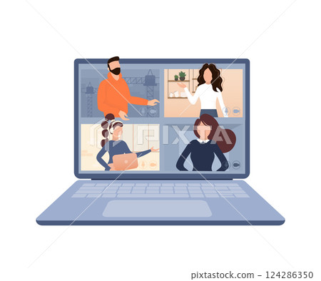 Flat illustration. Video conference. Video call between friends, chatting online by mobile app. Stay at home, work, communication remotely. Vector illustration. 124286350