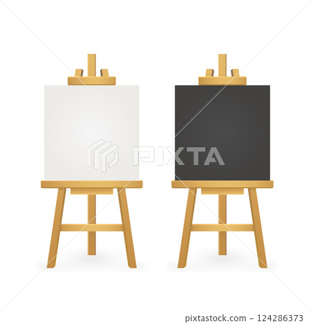 White easel on white background. Watercolor mockup on black backdrop. Brush painting. Vector paint. 124286373