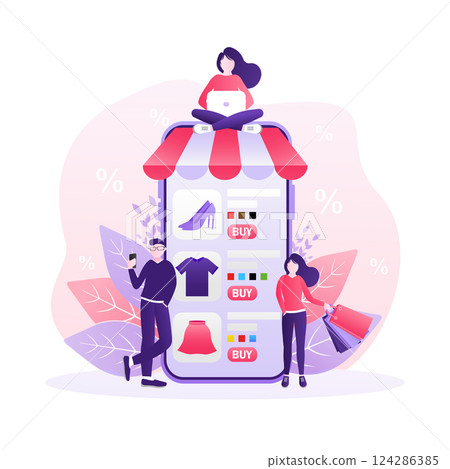 Flat online shopping people smartphone for mobile app design. Flat design. Online delivery phone concept. 124286385