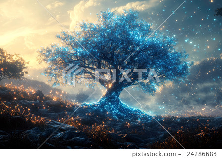 A blue, shining, fantastical tree and soaring lights A blue, shining, fantastical tree and soaring lights 124286683
