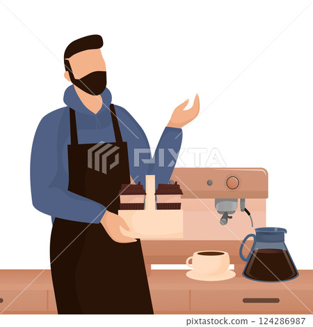 Flat character coffee shop barista. Vector illustration flat design. Vector infographic illustration. Cartoon male barista or waiter standing near menu board. 124286987