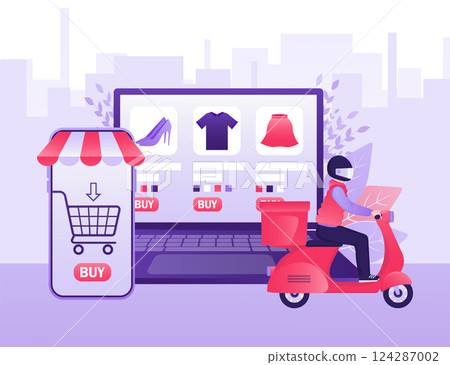 Flat banner with delivery service. Delivery service. Food delivery service. Vector illustration. Flat banner with delivery service. Delivery service. Food delivery service. Vector illustration. 124287002