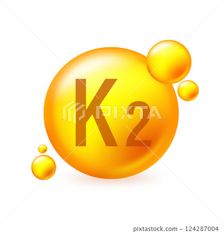 Vitamin K2 gold shining pill capcule icon. Pill capcule vector illustration on white isolated background Vitamin K2 gold shining pill capcule icon. Pill capcule vector illustration on white isolated background 124287004